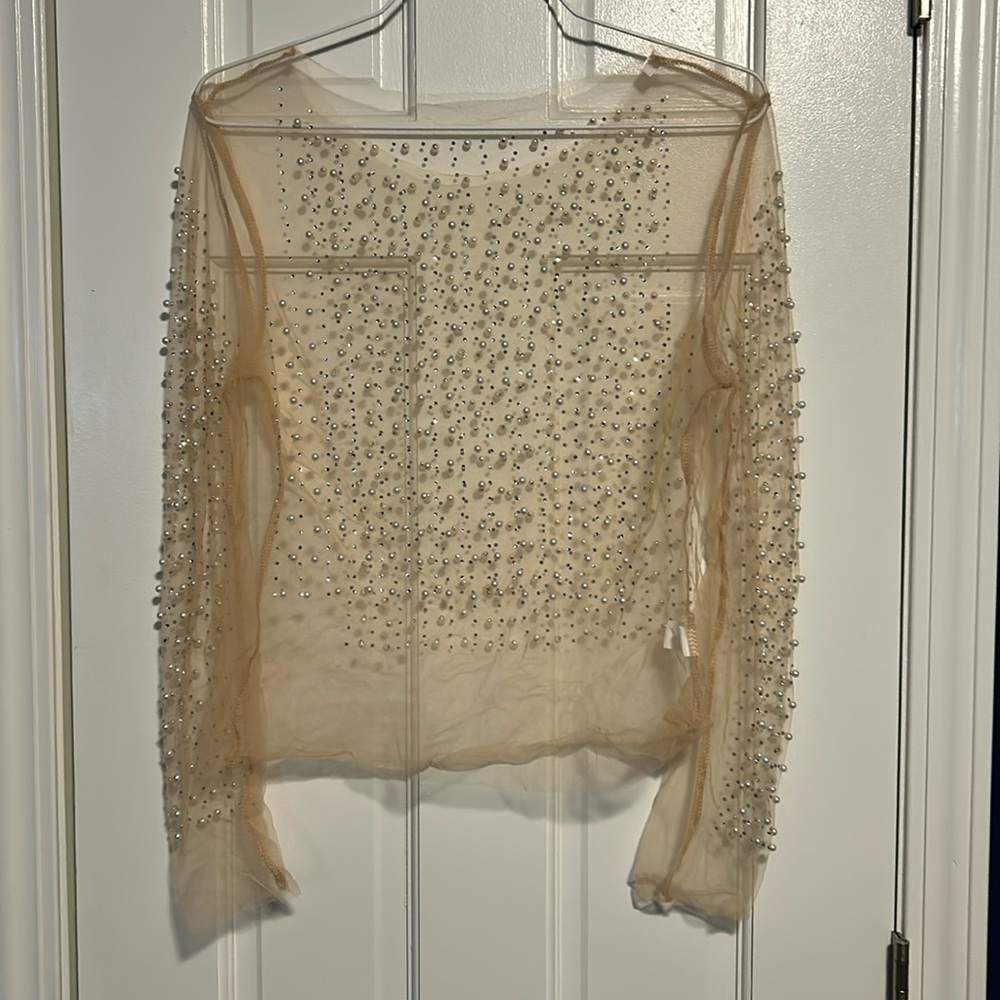Sheer long sleeve pearl and crystal shirt
